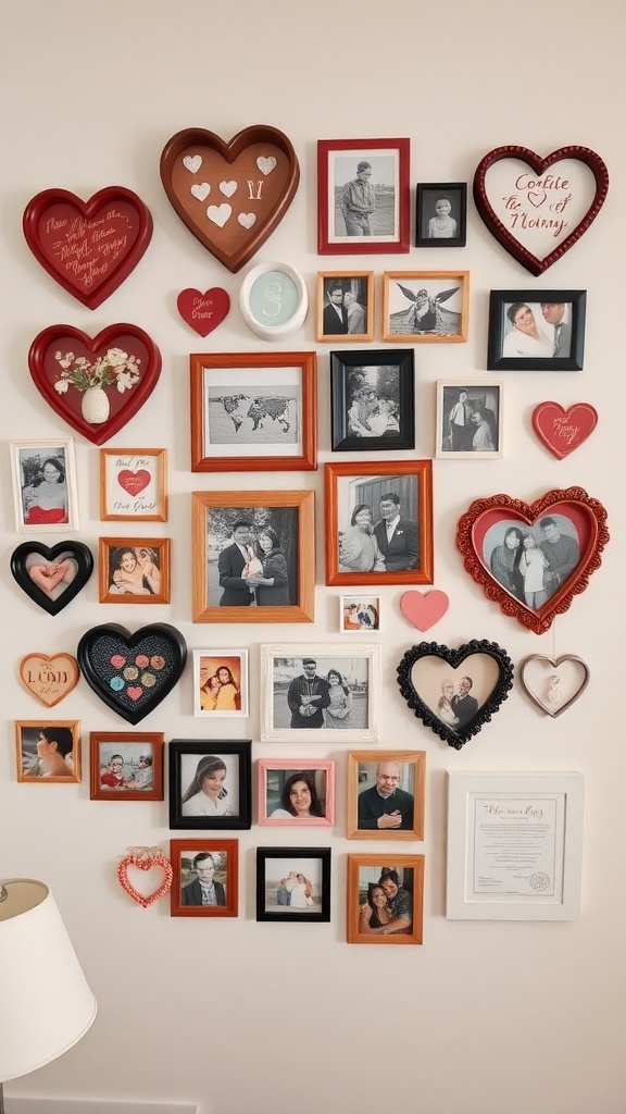 A collage of heart-shaped and traditional photo frames displaying various pictures and decorative elements on a wall.