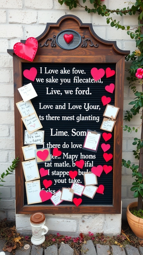 A decorative message board with red hearts and handwritten notes for Valentine's Day.