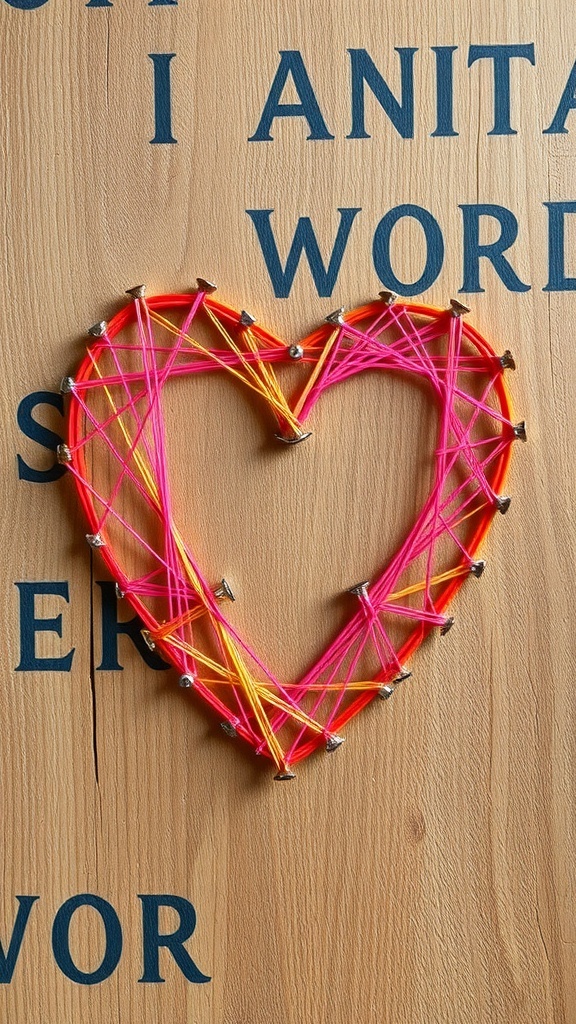 Colorful string art heart on a wooden board