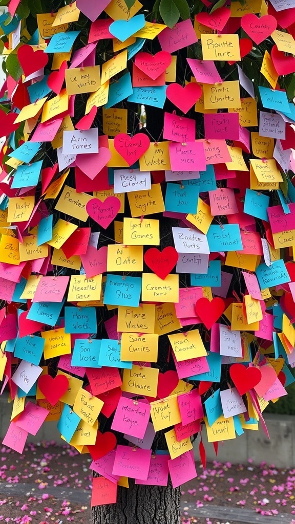 A tree decorated with colorful sticky notes and heart shapes, each containing messages of love and wishes.