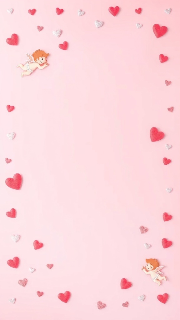 Valentine's Day wallpaper featuring hearts and cupids on a pink background.