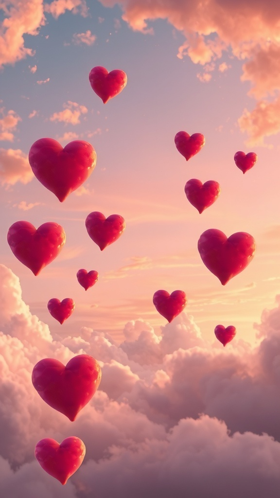 A dreamy sky filled with floating red hearts among soft clouds at sunset.