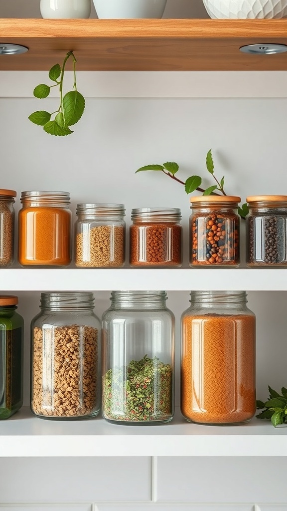 A shelf with various herb and spice jars, showcasing colorful spices and herbs in clear glass containers with wooden lids.
