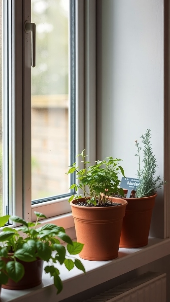 Potted herbs on a windowsill, including basil and rosemary.