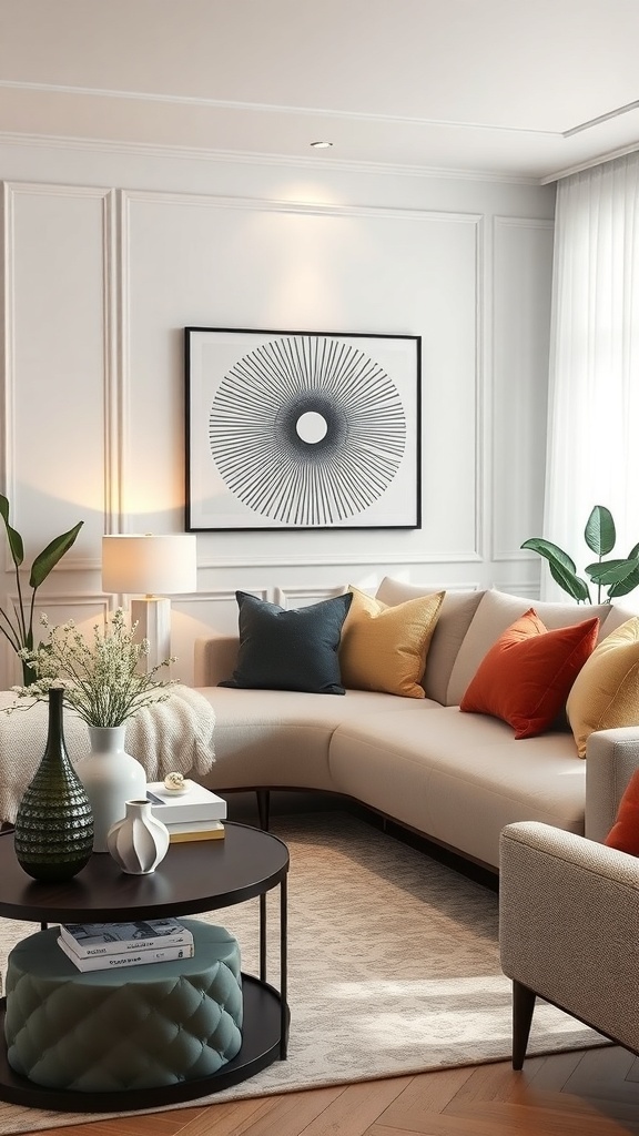 A cozy living room featuring a sectional sofa with colorful cushions, a round coffee table with decorative items, and a piece of wall art.