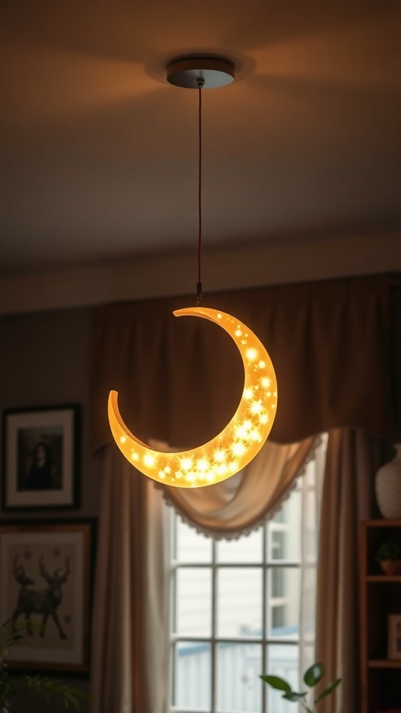 A glowing crescent moon light fixture hanging from the ceiling.