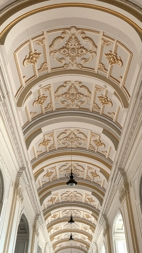 Intricate passage ceiling design with ornate patterns and soft colors.