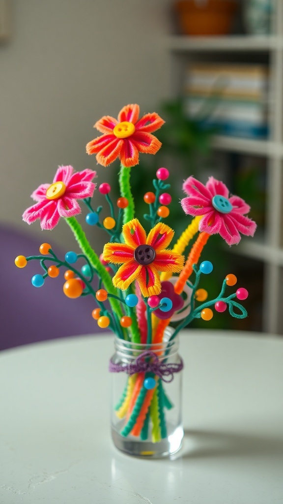 A colorful pipe cleaner bouquet with flowers made of pipe cleaners and buttons, displayed in a clear jar.