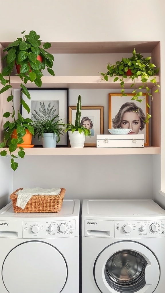 Decorative laundry room shelves with plants, framed pictures, and a storage box