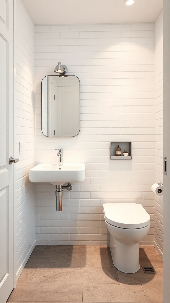 A small master bath featuring a wall-mounted sink, compact toilet, and minimalist design.
