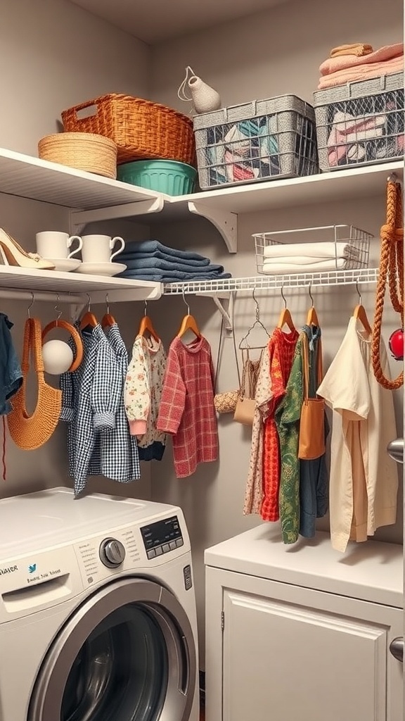 A well-organized laundry room featuring shelves, hooks, and racks with colorful clothing and storage baskets.