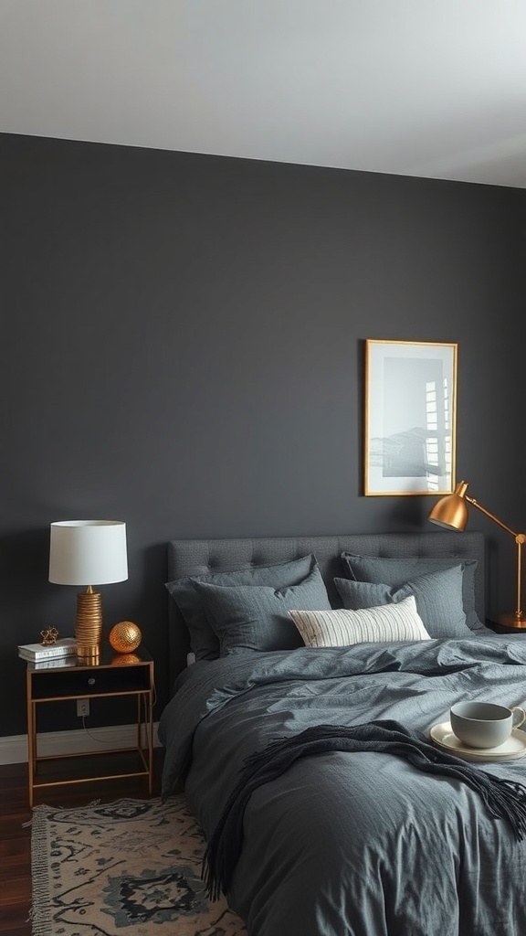 A dark grey bedroom featuring metallic accents like a gold lamp and picture frame.