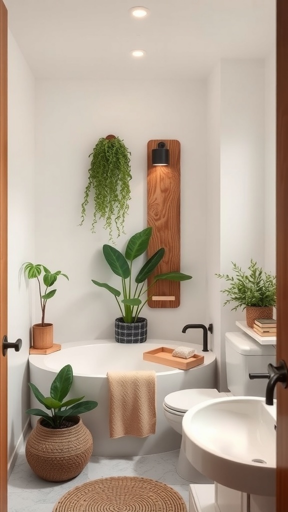 A small master bath with plants and natural materials for a spa-like experience.