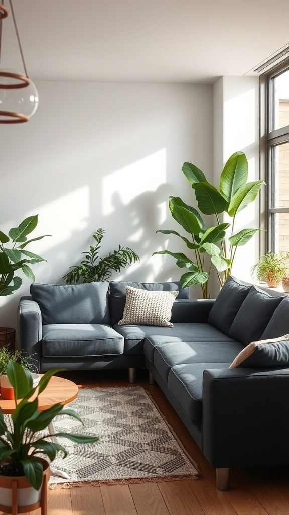 A cozy living room featuring a dark grey sofa, plants, and natural light.