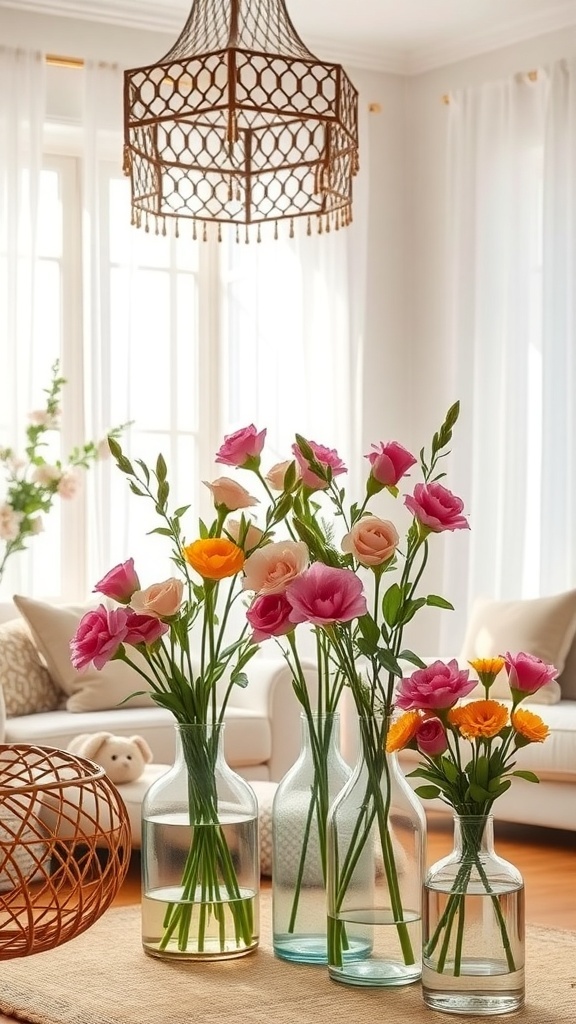 A living room with fresh flowers in vases, showcasing a bright and inviting atmosphere.