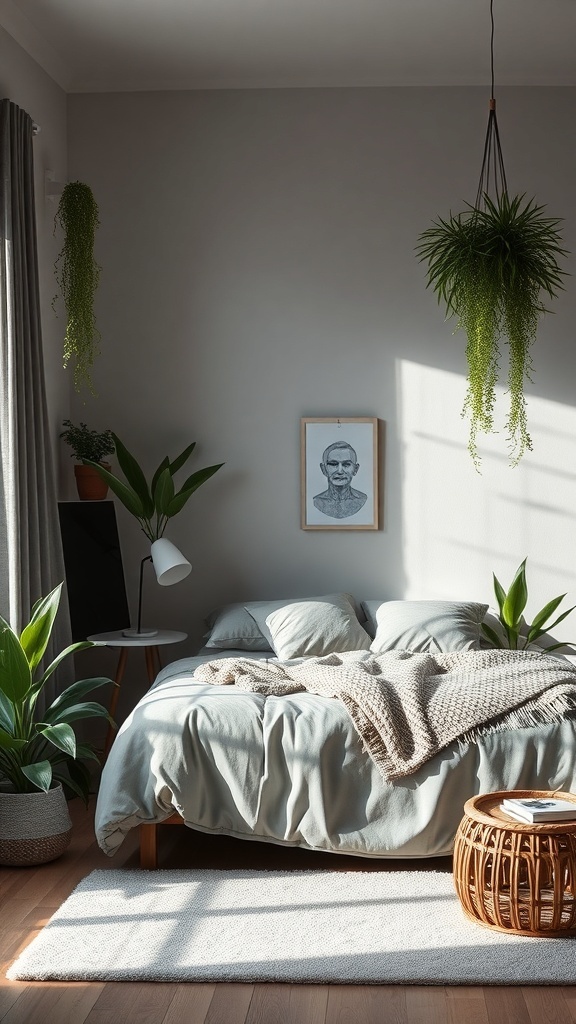 A cozy grey bedroom featuring plants, a comfortable bed, and natural decor elements.