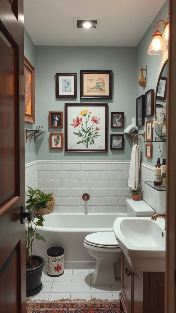 A small master bath featuring framed artwork on the walls, a bathtub, and a plant.