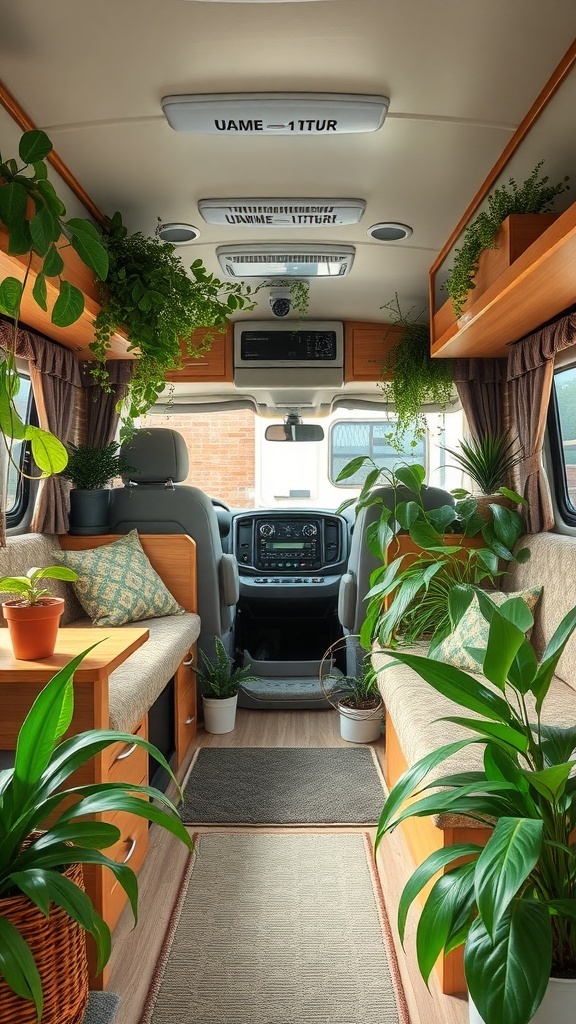 Interior of an RV decorated with various plants, showcasing a cozy and inviting atmosphere.