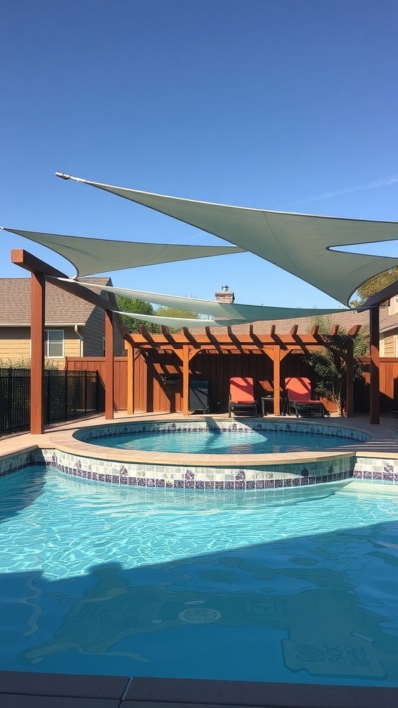 A stylish above ground pool area with a sail shade structure and red lounge chairs.