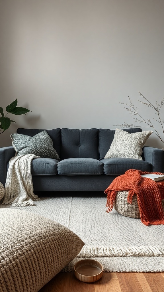 A dark grey sofa with knitted pillows and throws, surrounded by textured decor.