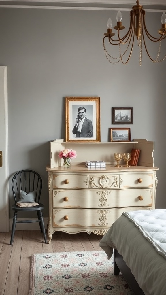 A cozy grey bedroom featuring a vintage dresser, framed photographs, and a black chair.