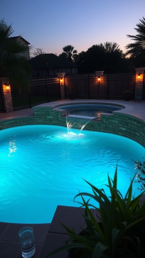 A beautifully lit above-ground pool with a waterfall feature and surrounding plants.