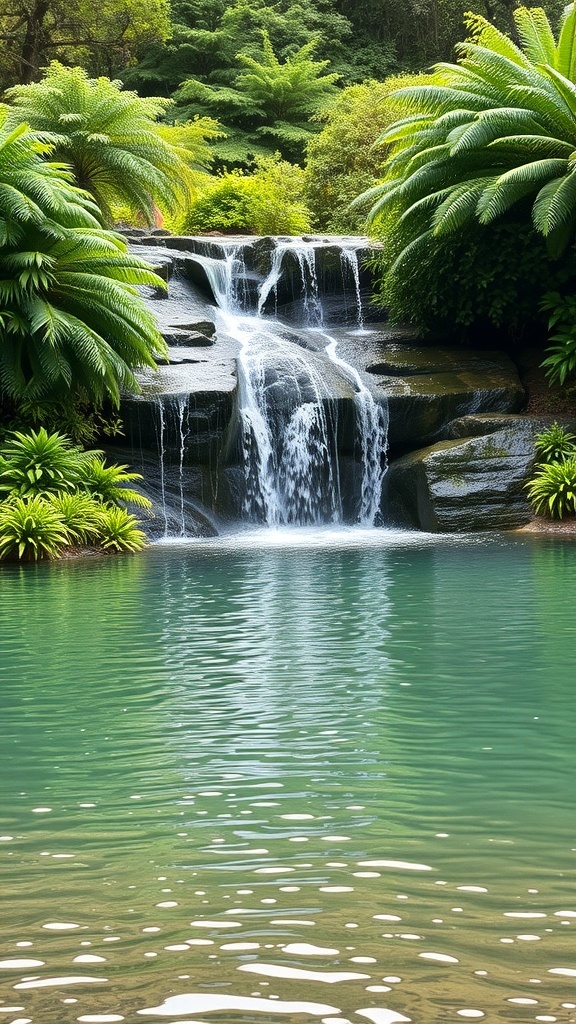 A serene waterfall surrounded by lush greenery and a tranquil pool.