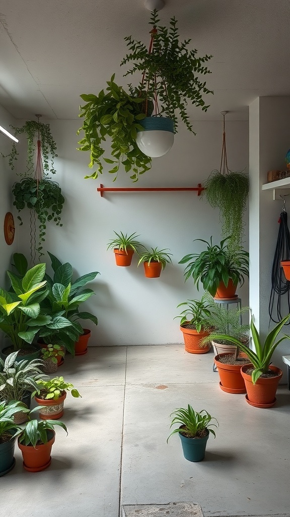 Indoor plant display in a small garage with various potted plants and hanging greenery.