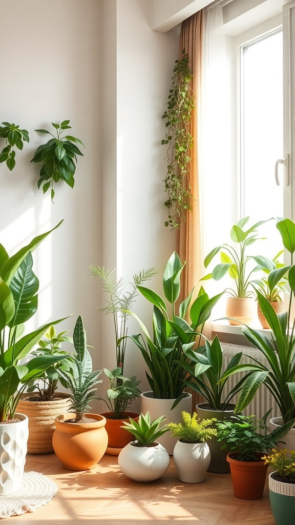 A bright indoor space filled with various potted plants near a window.
