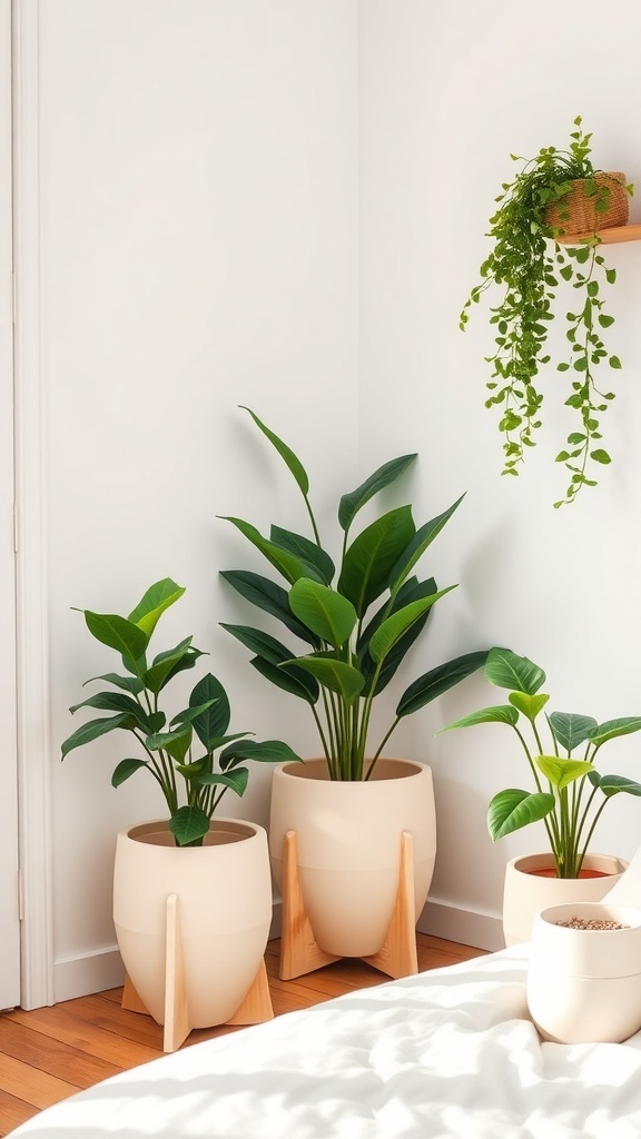 Indoor plants in cream and beige bedroom decor