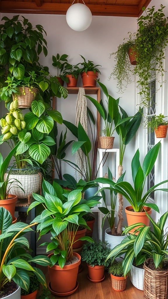 A cozy indoor space filled with various indoor plants in pots, showcasing a fresh and lively atmosphere.