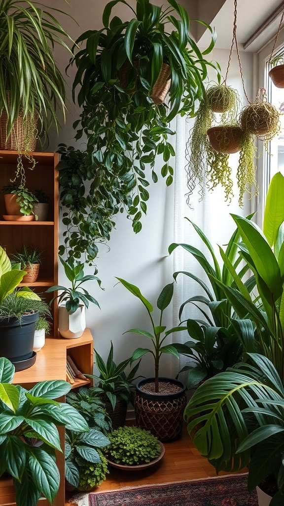 A cozy summer room filled with various indoor plants, including hanging ferns and potted greenery, creating a fresh and inviting atmosphere.