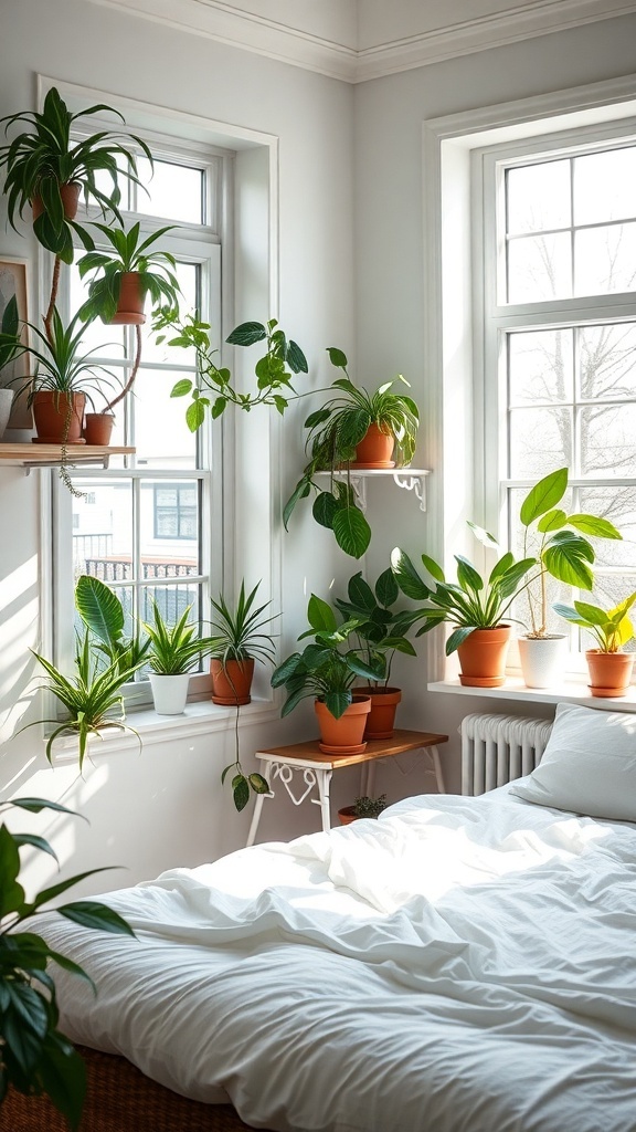 A bright bedroom filled with various indoor plants in pots, creating a fresh and lively atmosphere.