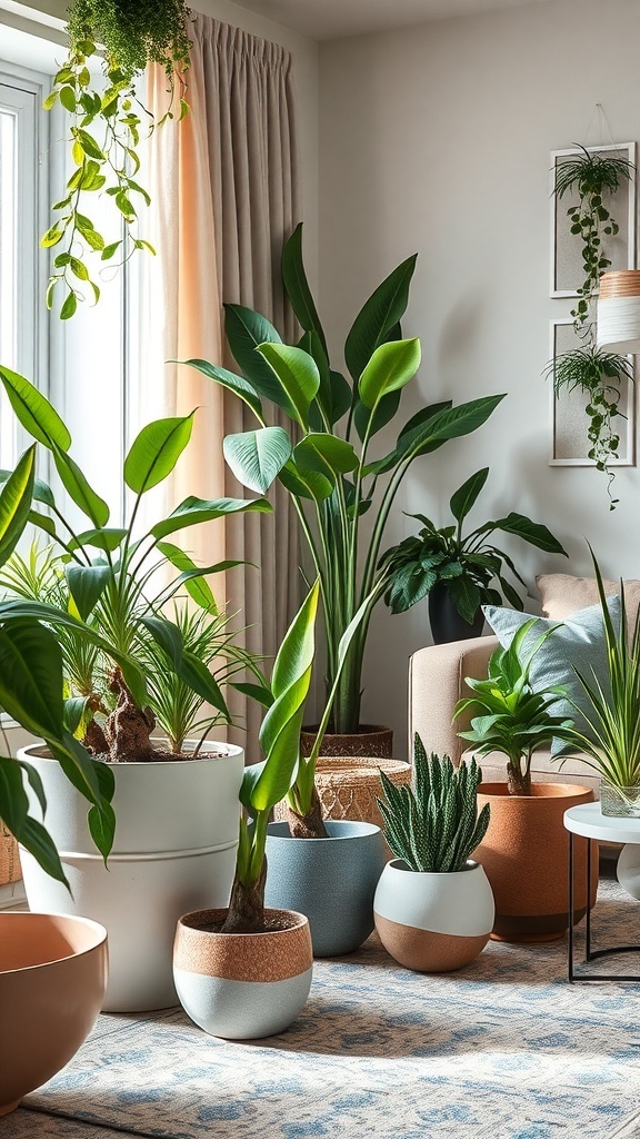 A cozy living room filled with various indoor plants in stylish pots.