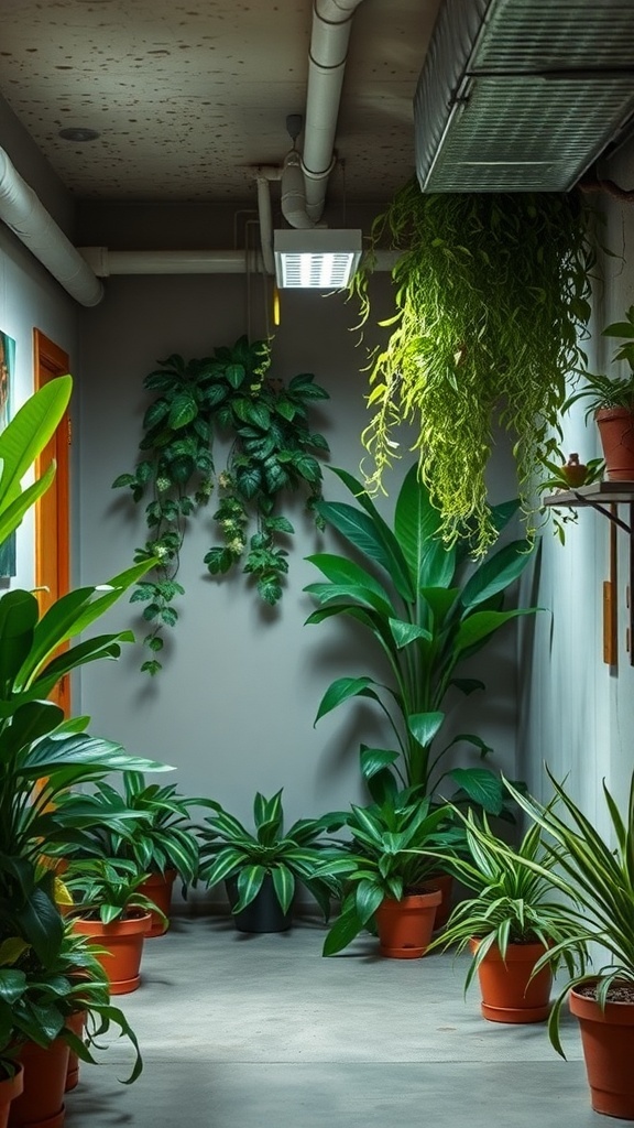 Indoor plants in a low ceiling basement, featuring various green plants in pots and hanging planters.