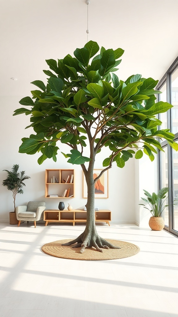 Indoor tree feature in a bright living room with a cozy seating area and large windows.