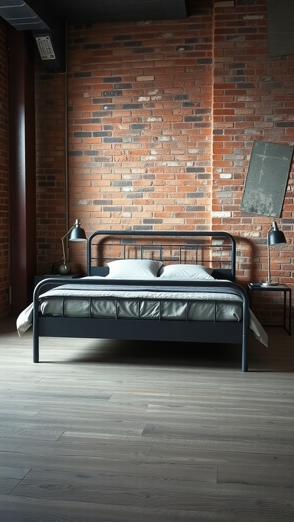 A grey metal bed frame in a bedroom with exposed brick walls and wooden flooring.