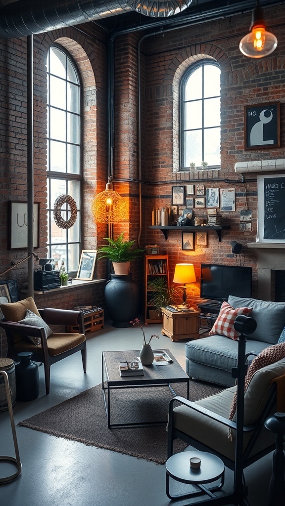 Cozy grunge apartment with exposed brick walls, industrial lighting, and eclectic furniture.