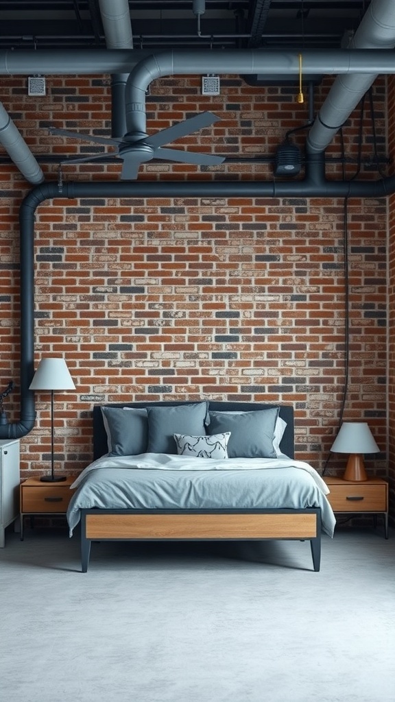 A grey bedroom featuring an industrial aesthetic with a brick wall, wooden bed frame, and exposed pipes.