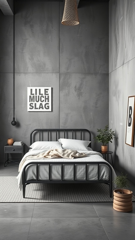 A stylish industrial grey bedroom featuring a black bed frame, soft bedding, and concrete walls.