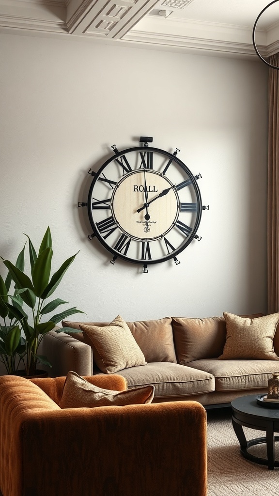 A large industrial style wall clock with Roman numerals and a wooden face, hanging above a cozy sofa in a living room.