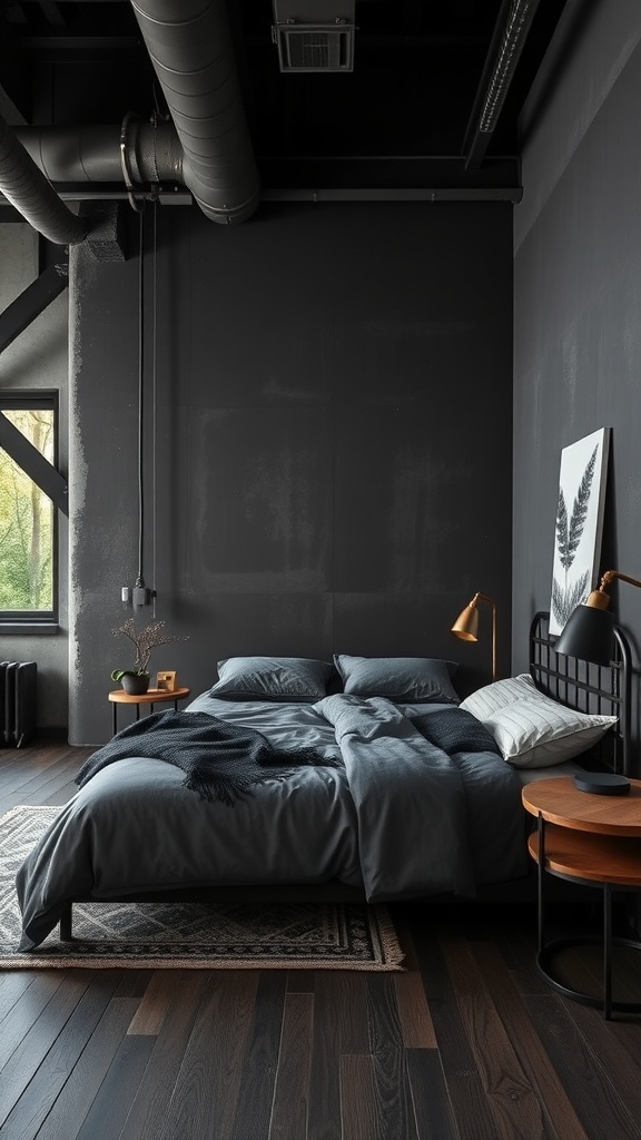 A dark grey industrial style bedroom featuring a bed with grey bedding, wooden furniture, and metal accents.