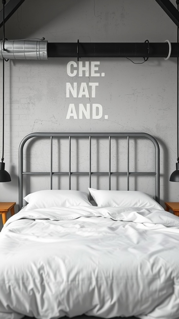 A grey metal headboard in an industrial style bedroom with white bedding and exposed pipes.