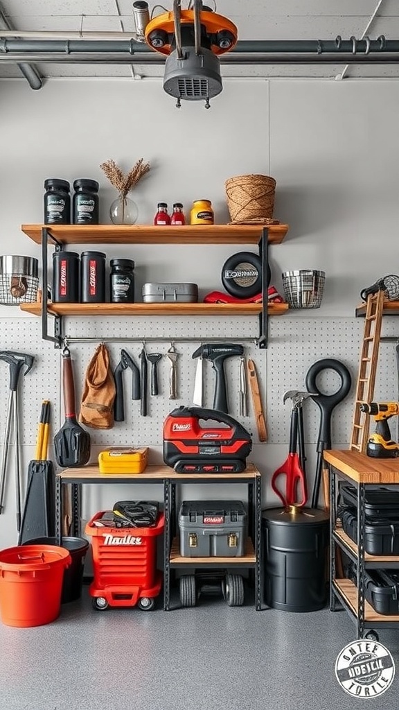 Industrial style shelving in a garage with tools and containers organized neatly.