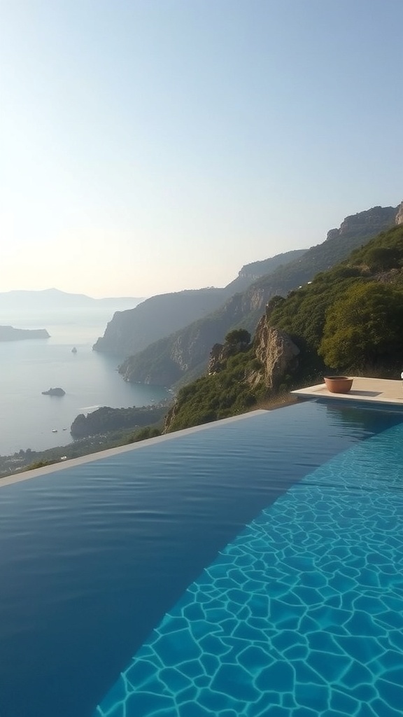 Infinity edge pool overlooking a scenic view of mountains and water.