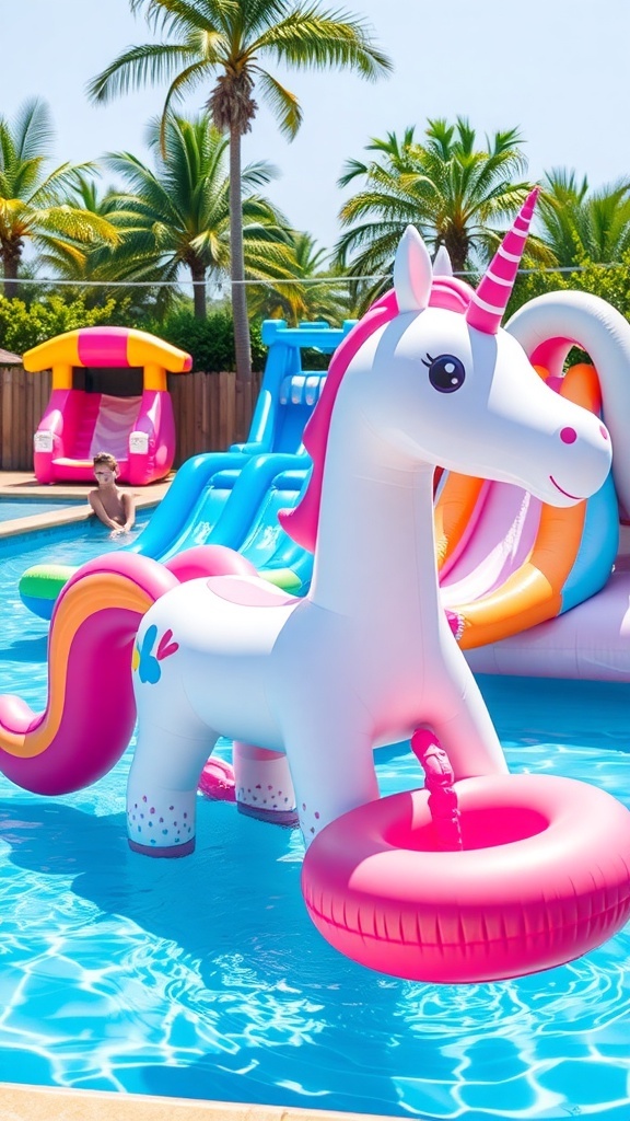 A vibrant inflatable unicorn float in a pool with water slides and palm trees in the background.