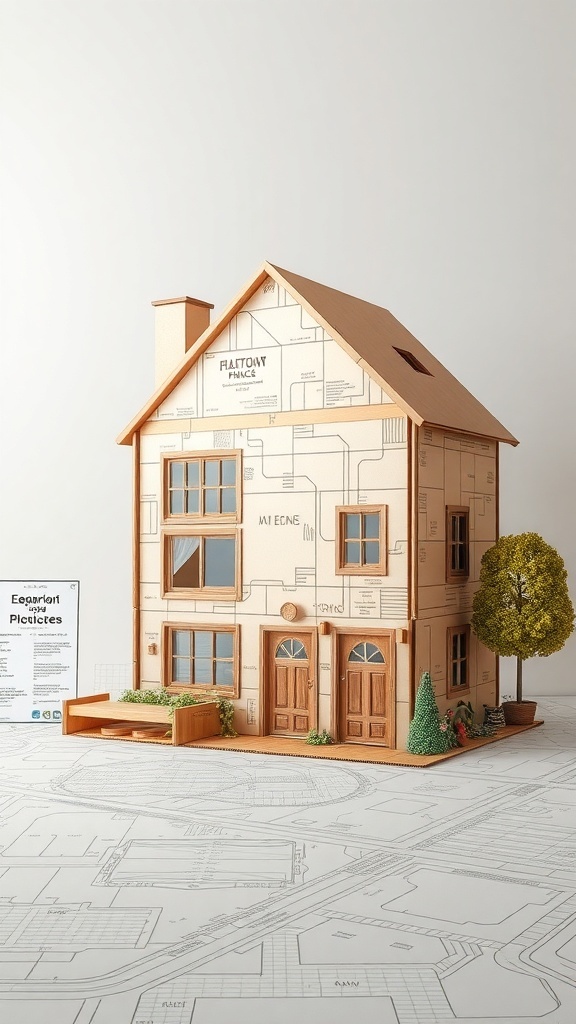 A model of a cardboard box house with a detailed design and small trees.