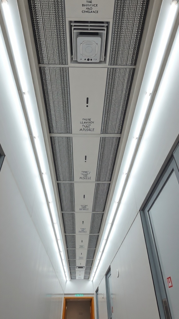 A modern passage with a unique ceiling design featuring integrated lighting and ventilation.