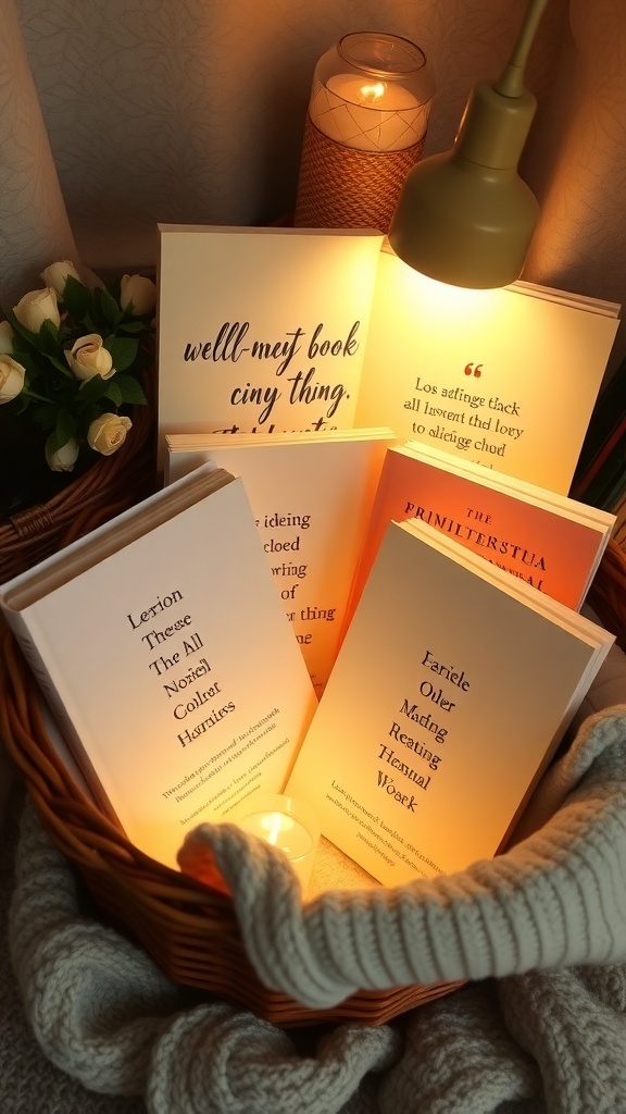 A cozy basket filled with inspirational books, a candle, and a lamp, creating a warm reading nook.