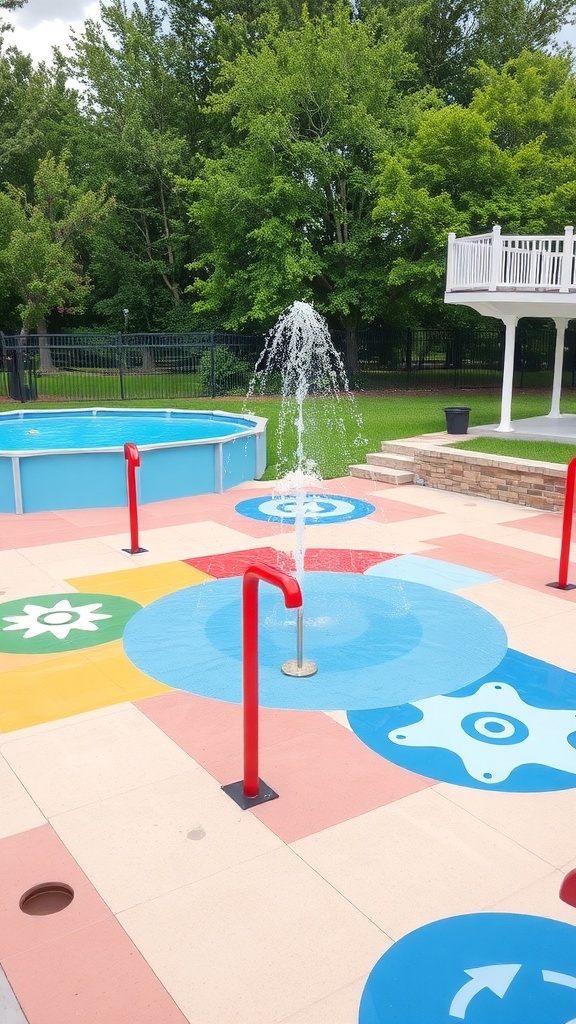 A colorful splash pad with water jets, surrounded by an above-ground pool and green trees.